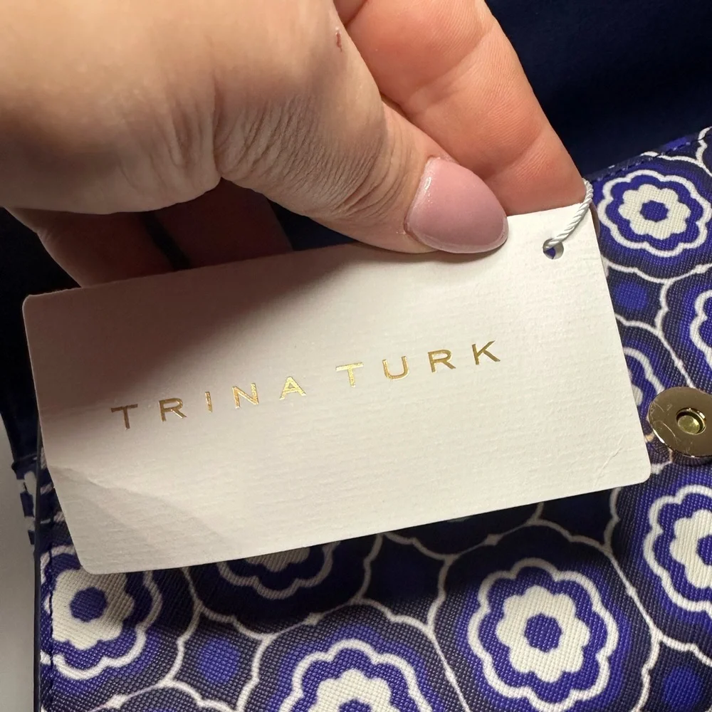 Trina Turk New Medallion Herringbone Blue & White Faux Envelope Leather Clutch
